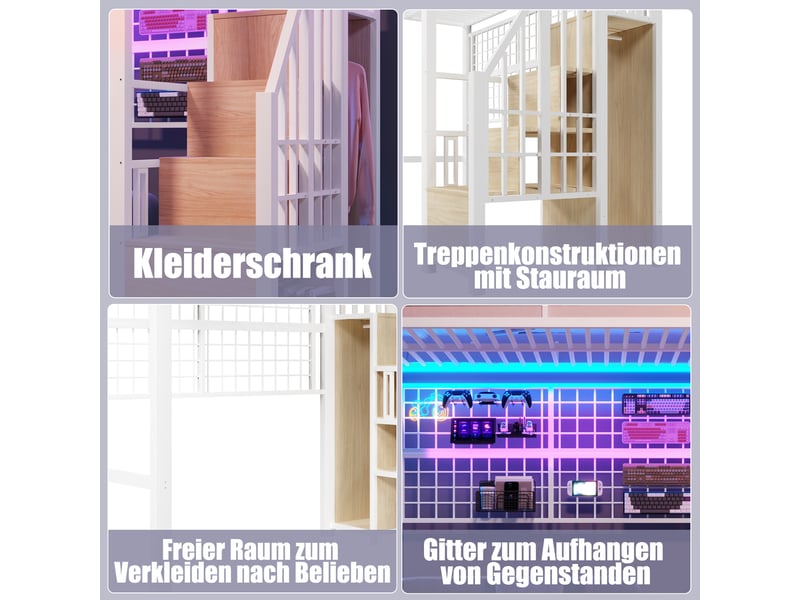  Lit mezzanine multifonctionnel 90 x 200cm sans matelas, structure métal, armoire, échelle rangement, led, blanc  - Conforama E