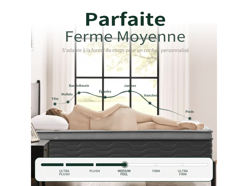  Sommier tapissé gris 140x190 + matelas ressorts ensachés 25 cm, 9 pieds fournis  - Conforama C