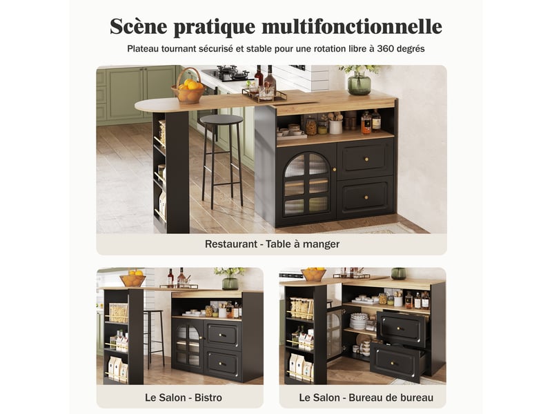 Table de bar rotative 360° et îlot de cuisine extensible meuble bar noir en mdf 138-204 cm - Conforama R