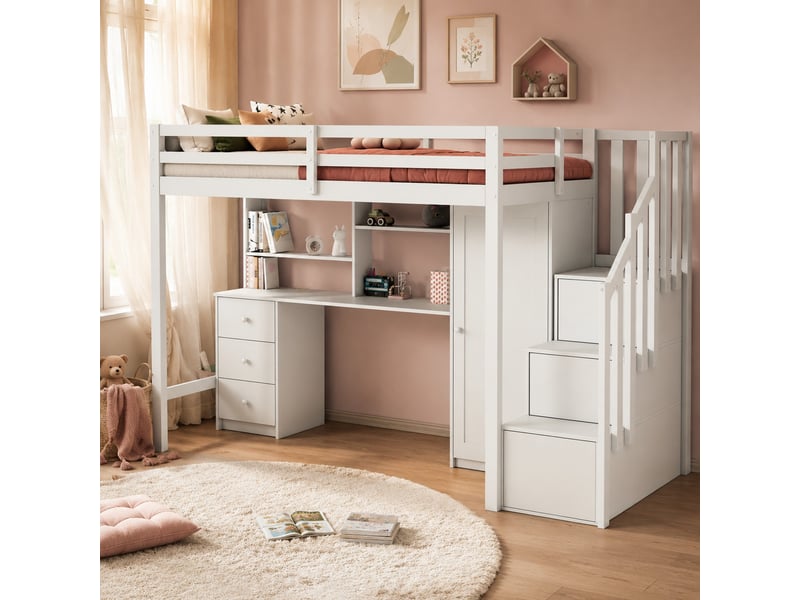 Lit mezzanine enfant 90x200 cm, bureau, armoire, escalier avec rangements, sommier à lattes, bois et mdf blanc sans matelas - Conforama B