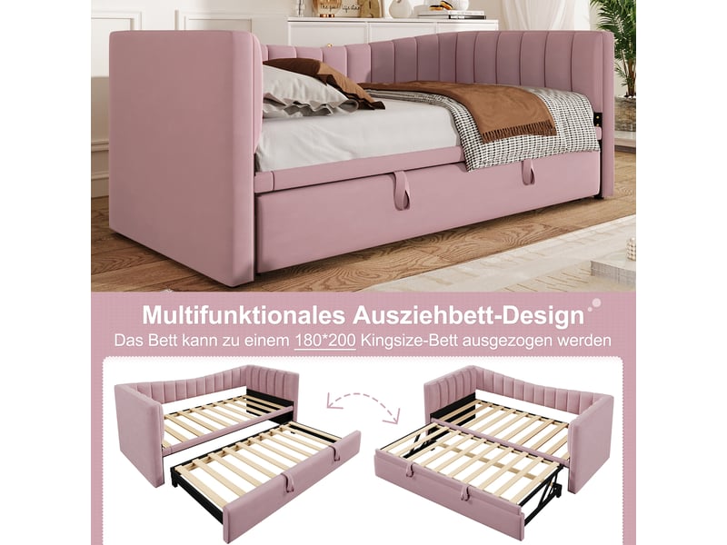  Lit banquette velours rose lit gigogne 90x200 extensible 180x200 cm sans matelas  - Conforama D