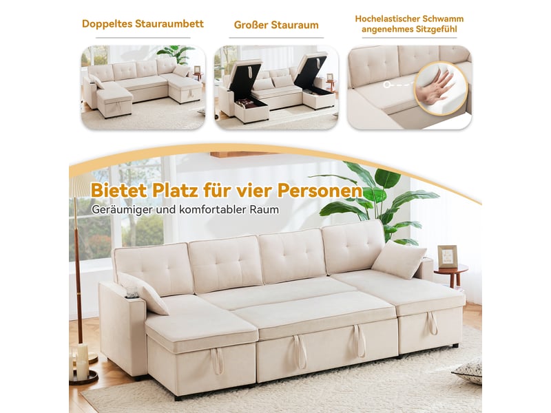 Canapé convertible en u 4 places tissu aspect lin beige avec coffre de rangement intégré - Conforama D