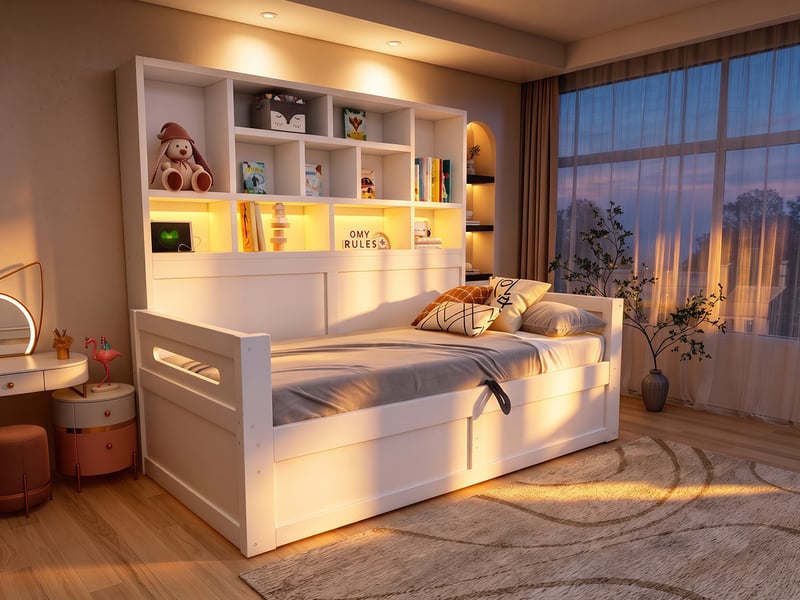  Lit banquette 90x200 cm, coffre relevable, bibliothèque, led, prise et usb-c, structure en panneaux mdf, blanc  - Conforama B