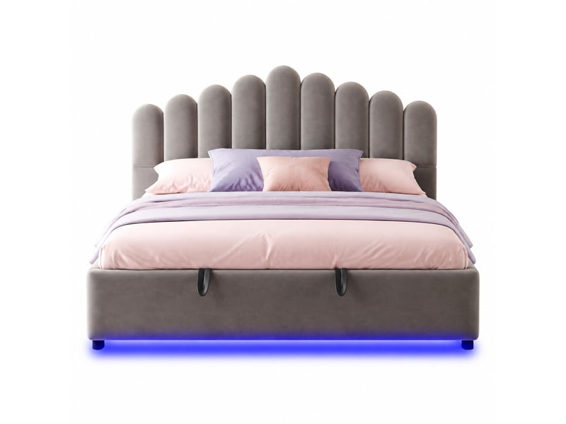  Lit double 180 × 200 cm avec coffre hydraulique, tête de lit matelassée et led, en velours gris pour chambre  - Conforama A