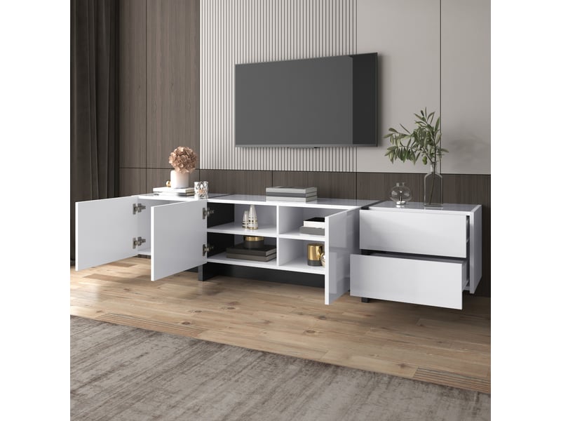  Meuble tv avec 3 portes et 2 tiroirs pour salon en panneaux de particules 190×35×45 cm blanc et noir  - Conforama C