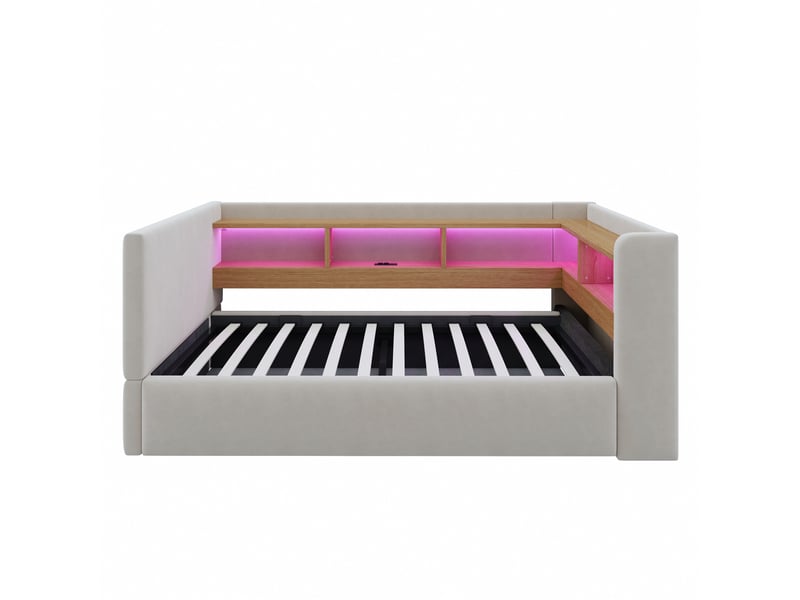  Lit coffre 90x190 cm - lit 1 place avec rangement hydraulique, led, prises et rangements - canapé-lit multifonction - gris  - Conforama W