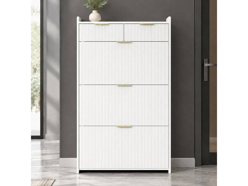  Meuble à chaussures 80x25x135 cm, 3 compartiments basculants et 2 tiroirs, panneau de particules, blanc  - Conforama B