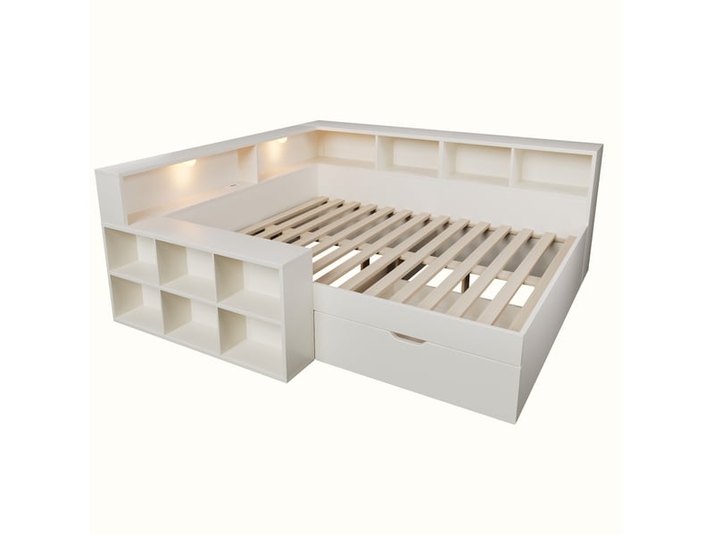  Lit double adulte 140x190 cm avec rangements, lampes de lecture, usb-c et tiroirs, blanc, sans matelas  - Conforama E