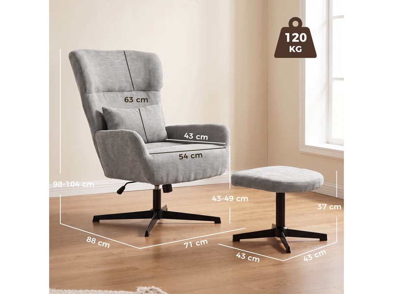  Fauteuil lounge pivotant à 360° avec repose-pieds, réglable en hauteur, revêtement en chenille, avec coussin lombaire, blanc crème  - Conforama E
