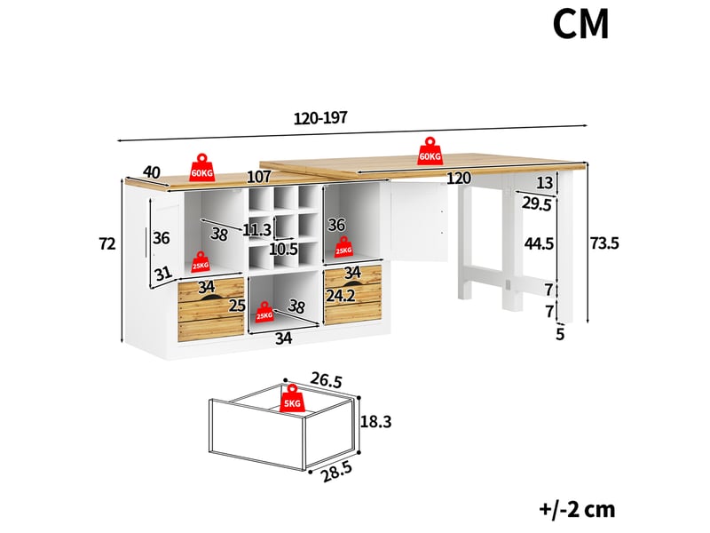 Desserte avec table extensible pivotante 120-197x40x72 cm en mdf blanc - Conforama C