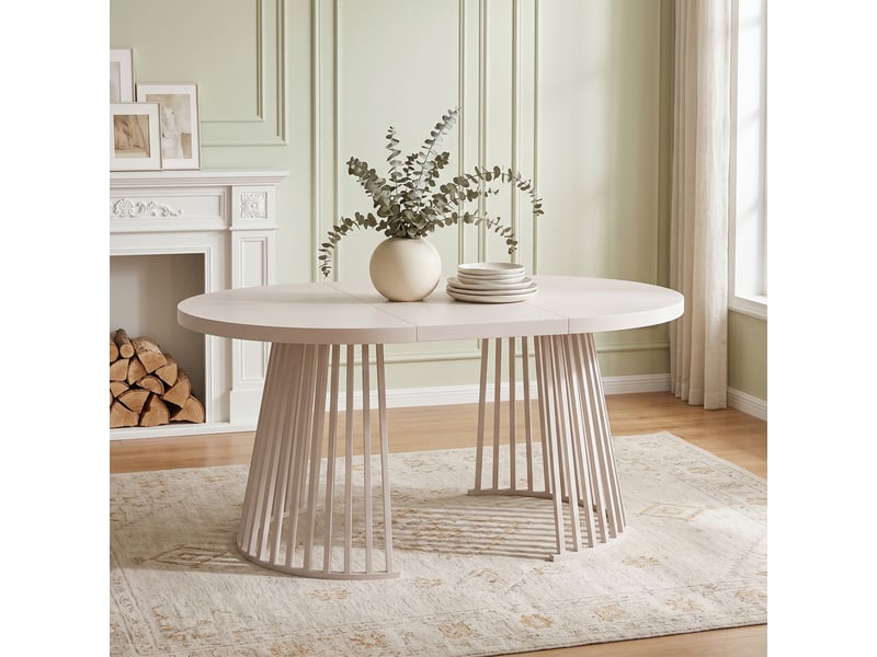  Table à manger ronde extensible 100138176x100 cm, 4-8 personnes, plateau 3 cm, pieds en métal, style minimaliste - cachemire  - Conforama D