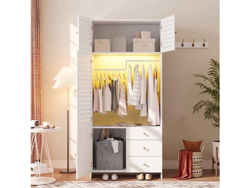  Armoire tcqpz blanche 90 x 50 x 200 cm avec penderie led 3 tiroirs et panier à linge  - Conforama B