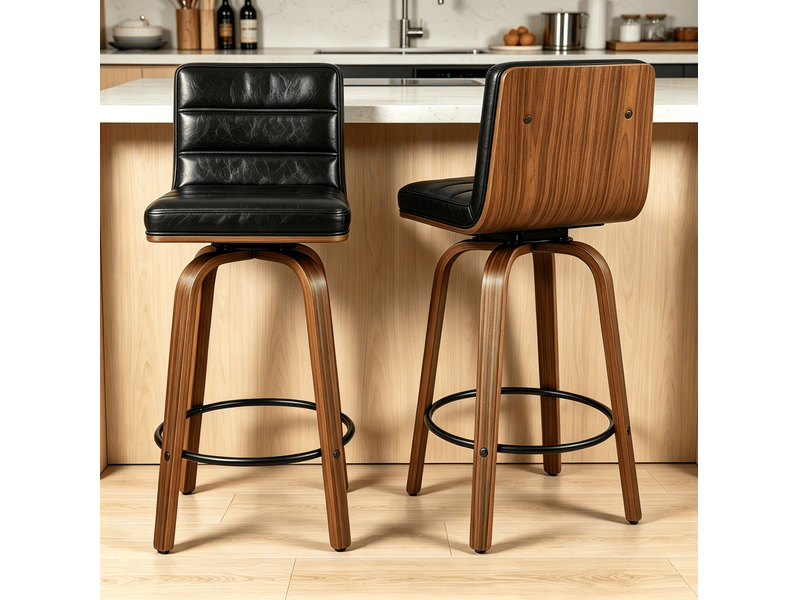  Lot de 2 tabourets de bar pivotants 48x40x90 cm polyuréthane, pieds et repose-pieds, bois, couleur noir, design vintage  - Conforama B