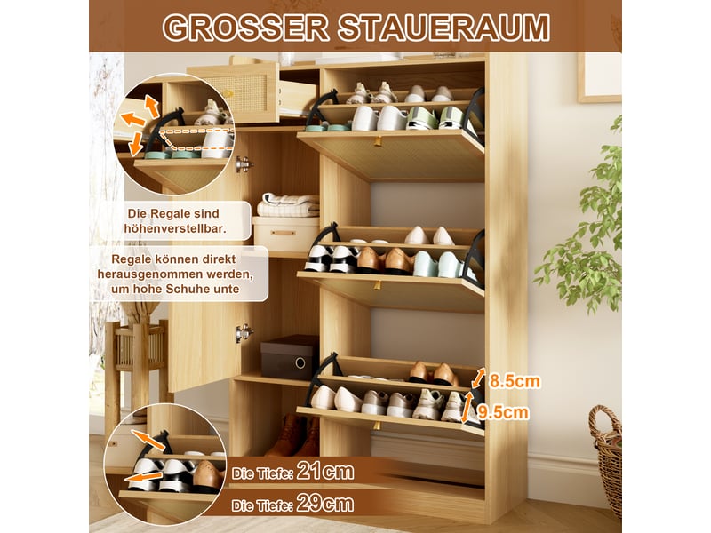 Meuble à chaussures naturel 80,5 × 25 × 125 cm, panneau de particules, 3 abattants et 1 tiroir, 1 porte - Conforama D