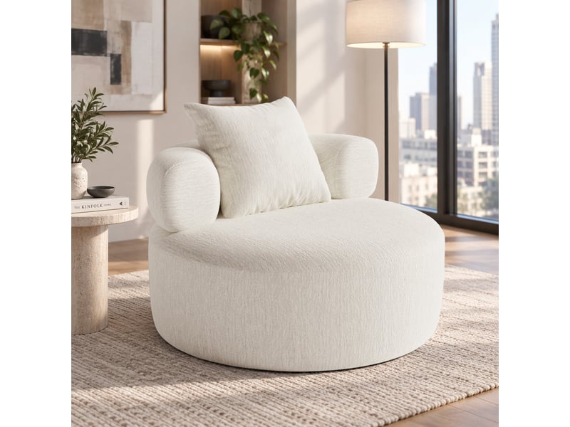 Fauteuil rond fixe 100 cm en chenille beige, mousse haute densité, avec coussin, charge 150 kg, salon chambre bureau 100X100X65cm - Conforama B