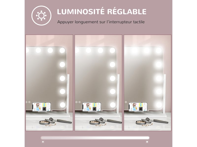  Miroir maquillage lumineux led intensité réglable miroir port grossissant de charge usb, rotation à 360° 63 x 50 cm  - Conforama W