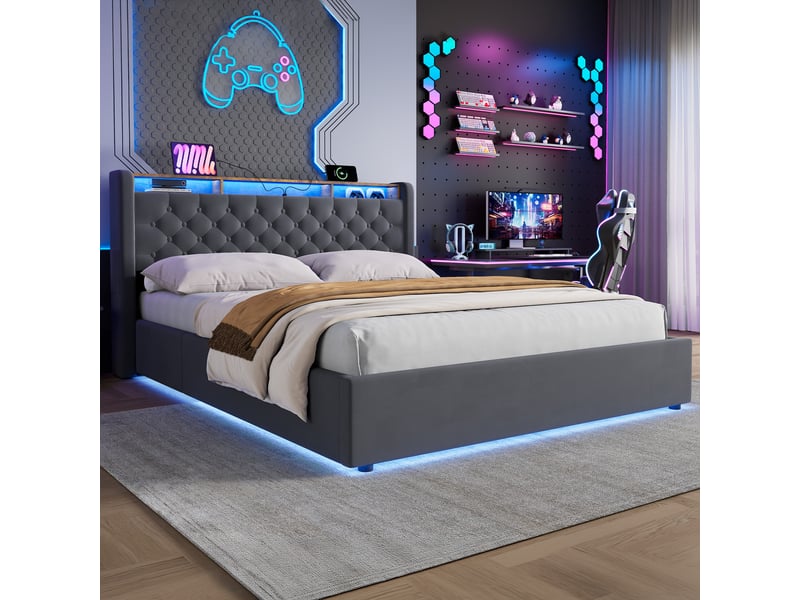  Lit double 160x200 cm avec rangement sous le lit et tête de lit avec étagère gris foncé homvra  - Conforama C