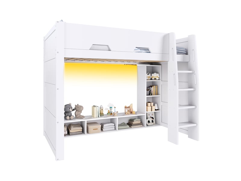 Lit mezzanine 90x200 cm, lit combiné, éclairage led, grand espace de rangement, support à lattes stable, construction robuste et durable, mdf blanc OPULERANE TRADING LTD - Conforama A