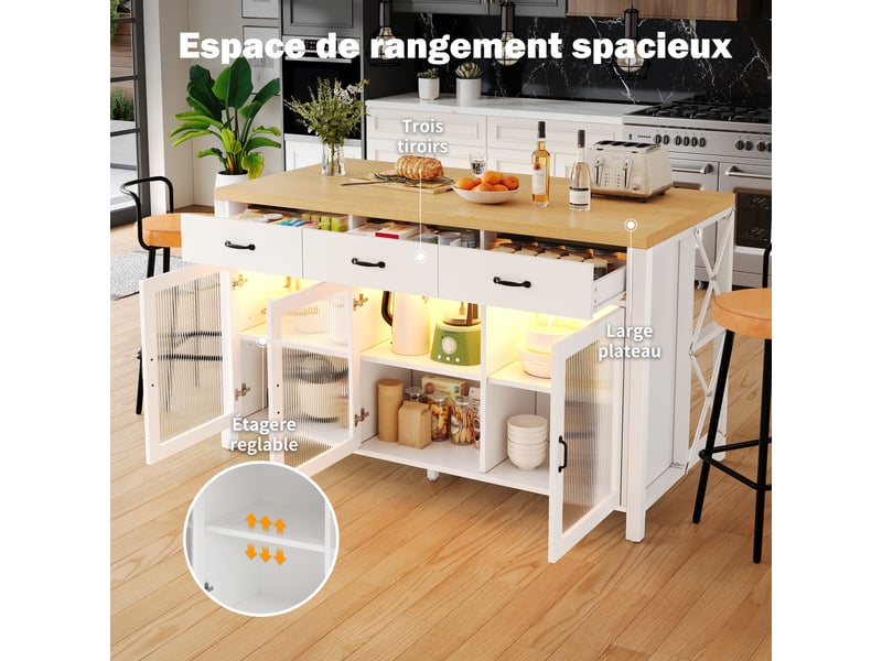  Îlot de cuisine blanc et naturel muvano, 3 tiroirs et portes vitrées, 150 x 80 x 90 cm  - Conforama R