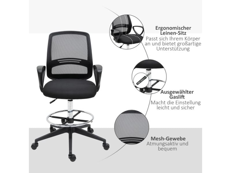  Chaise assis-debout ergonomique pivotante, repose-pieds, métal noir, réglable 102,5-126 cm  - Conforama B
