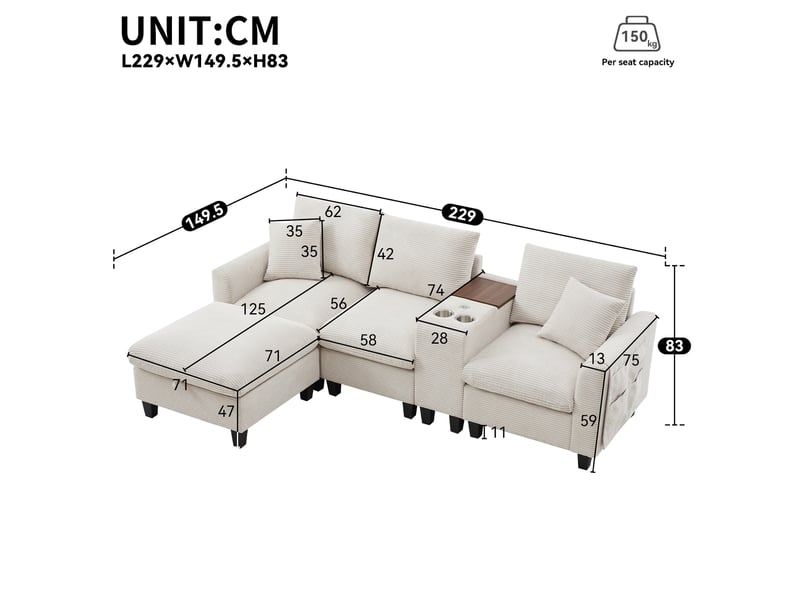  Canapé d'angle convertible modenvie 4 places 229 x 149,5 cm velours côtelé beige avec pouf coffre usb  - Conforama C