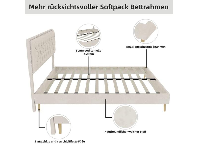  Lit adulte 140 x 200 cm, lit double, avec tête de lit moelleuse et sommier, velours beige, sans matelas  - Conforama E
