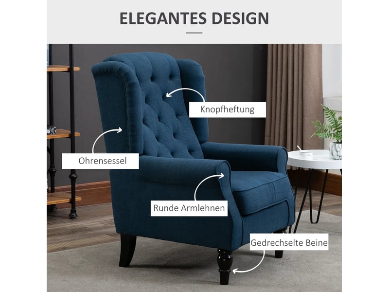  Fauteuil à oreilles rembourré avec dossier haut, accoudoirs arrondis et pieds en bois, en polyester bleu  - Conforama D