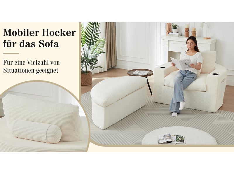  Fauteuil lounge convertible 1 place en velours côtelé beige avec pouf, rangement latéral et porte-gobelets intégrés  - Conforama D