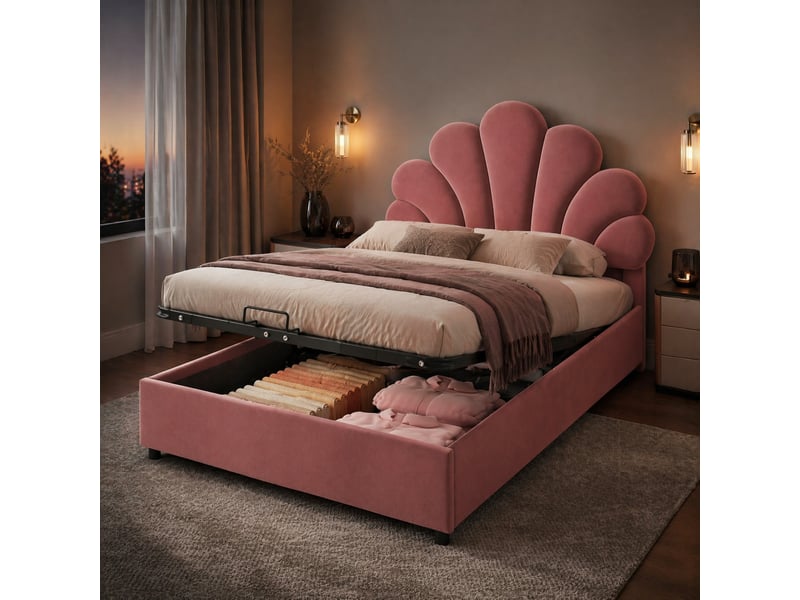 Lit coffre simple 200×90 cm avec rangement hydraulique et tête de lit fleurie, sans matelas, en velours rose - Conforama B