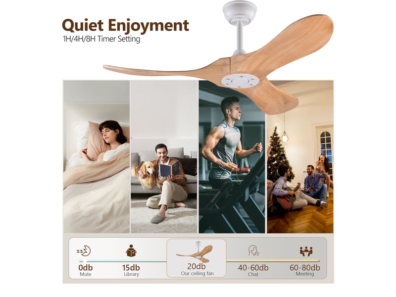 Ventilateur de plafond 107 cm sans éclairage bois massif blanc et naturel 6 vitesses télécommande silencieux minuterie et mémoire - Conforama C