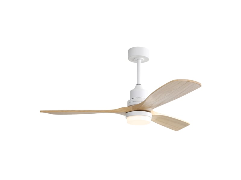  Ventilateur de plafond blanc 132 cm led dimmable 18w 6 vitesses moteur dc réversible télécommande chambre 3 pales bois naturel  - Conforama A
