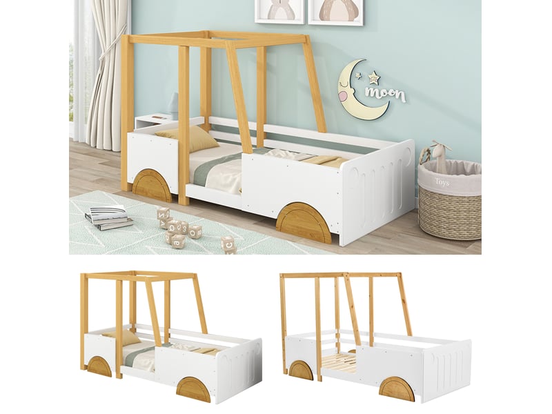  Modenvie lit enfant voiture 90x200 cm - barrières de sécurité, sans matelas - blanc et naturel  - Conforama E