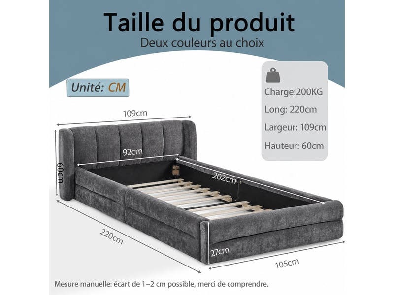 Lit 1 place 90x200 cm en chenille gris foncé avec tête de lit, sans matelas - Conforama W