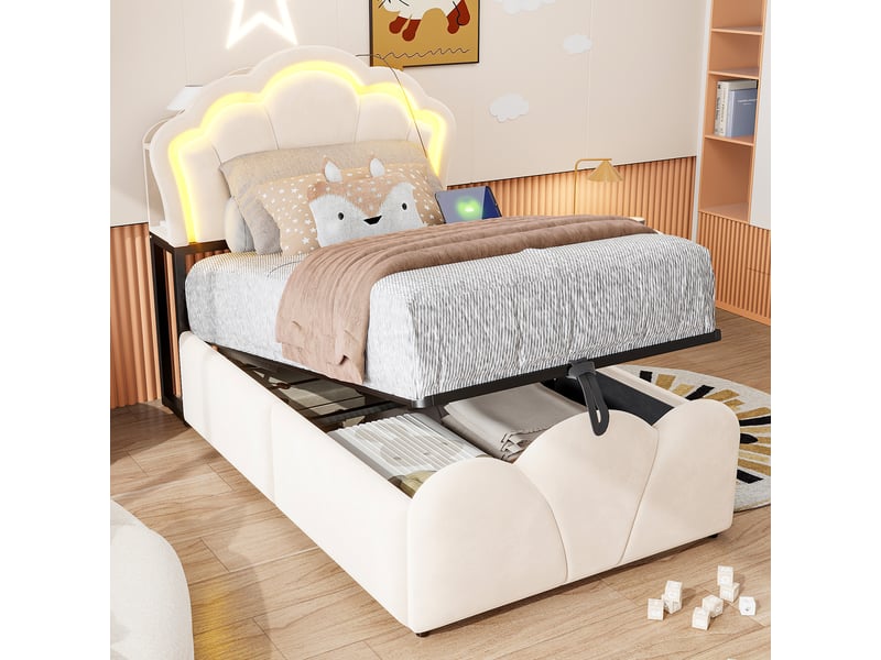  Lit coffre rembourré 90x200 cm coloris beige led velours  - Conforama B