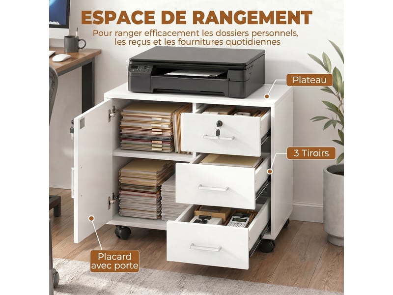  Caisson bureau meuble de rangement verrouillable avec 3 tiroirs et étagère réglable, roulettes, blanc, 40 x 60 x 56 cm  - Conforama A