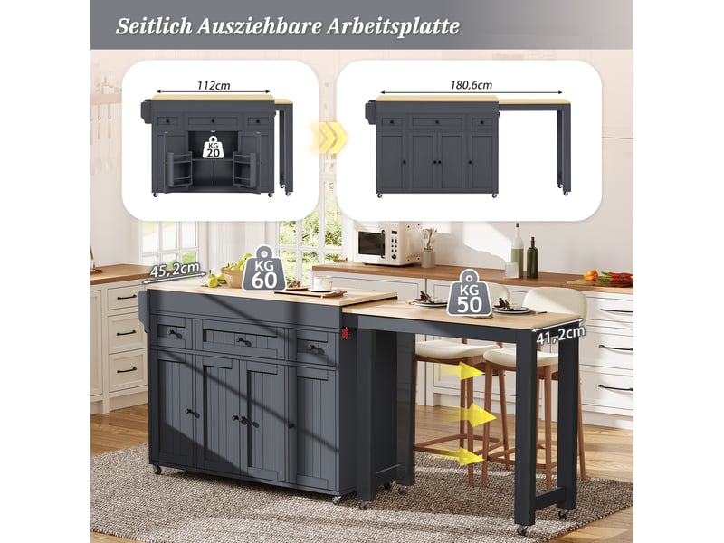  Îlot de cuisine sur roulettes extensible avec étagère à épices, desserte mobile grise en mdf pour cuisine et salle à manger  - Conforama W