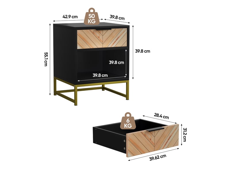  Table de chevet moderne 43x40x55 cm, 1 tiroir et 1 niche, meuble de chambre, pieds métal, entrée, mdf, noir et naturel  - Conforama C