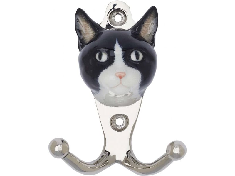  Patère animal en porcelaine 2 crochets tête de chaton noir et blanc  - Conforama A