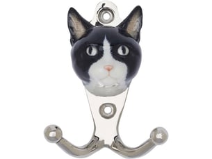 Patère animal en porcelaine 2 crochets tête de chaton noir et blanc