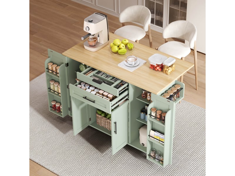  Îlot de cuisine sur roulettes vert antique, desserte avec plan de travail extensible, tiroir à couverts, 136x70x92 cm  - Conforama C