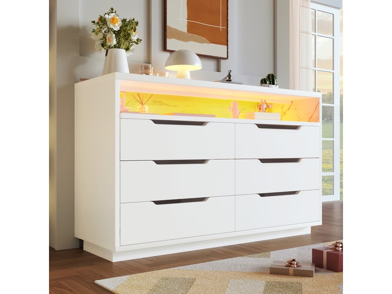 Commode blanche 120 cm, 6 tiroirs, niche décor marbre et led Fay Lum - Conforama B