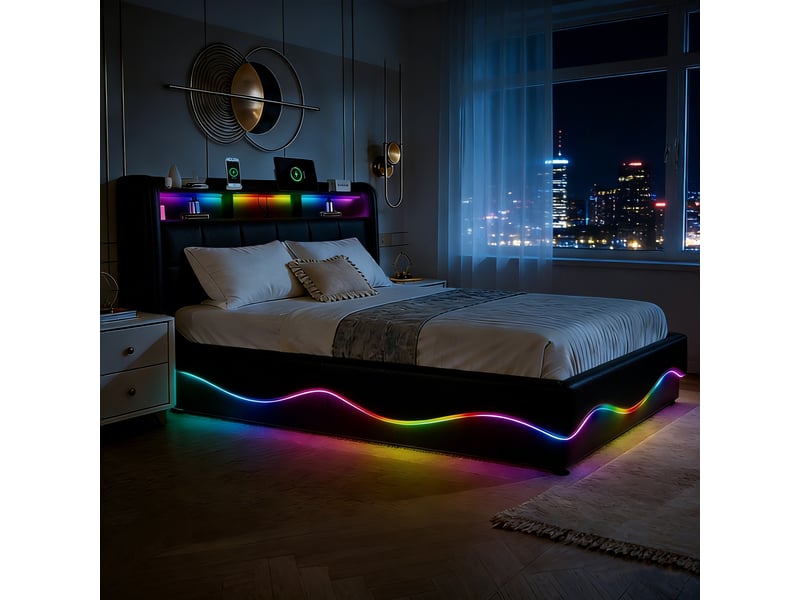  Lit coffre 160x200 cm noir avec rangement, led, ports usb+type-c sans matelas EBD854Q-BK - Conforama C