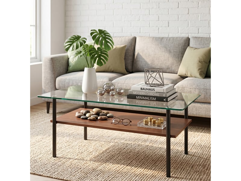  Table basse rectangulaire à 2 niveaux, verre trempé et mdf aspect bois, noir et marron, 97,70 x 57,70 x 45,00 cm  - Conforama C