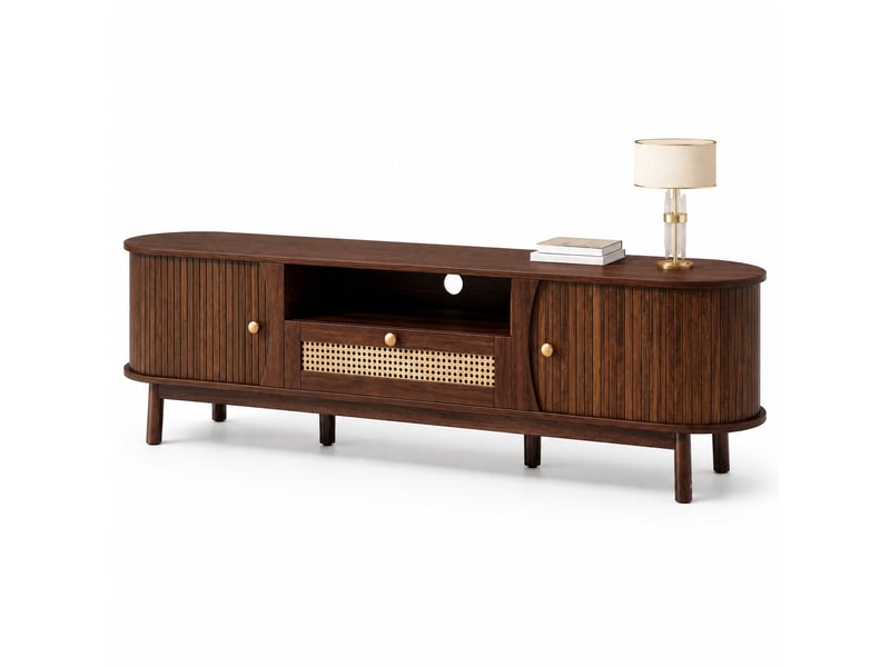  Meuble tv modenvie avec portes coulissantes et tiroir en rotin 165 x 37 x 46 cm mdf noyer  - Conforama A