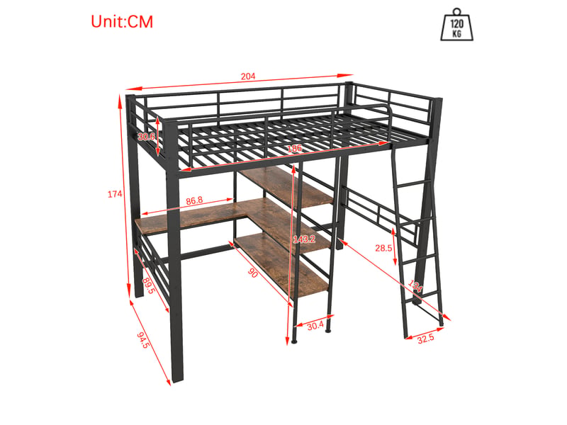  Lit mezzanine enfant noir 90 x 200 cm avec bureau, étagères, échelle et garde-corps  - Conforama E