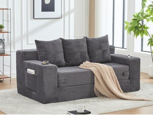 Canape droit 3 places, sans structure rigide en velours côtelé, porte-gobelets et poches, 172 × 87 × 64 cm, gris