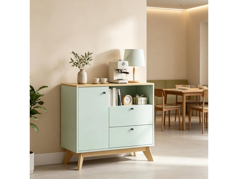 Buffet de salon avec porte, 2 tiroirs, niche ouverte et étagère réglable - Conforama E