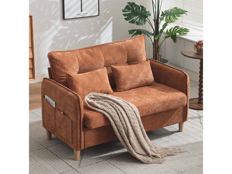 Canapé droit 2 places avec poches latérales - accoudoirs et coussins, chenille marron, 127 cm - Conforama C