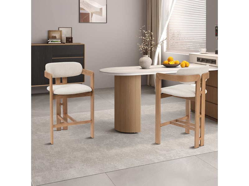  Tabouret en tissu beige pieds en chêne massif clair  - Conforama D