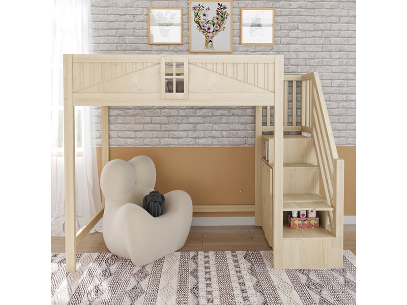  Lit mezzanine en bois massif 90 x 200 cm bois naturel, échelle latérale réversible avec rangement, garde-corps à fenêtre  - Conforama C